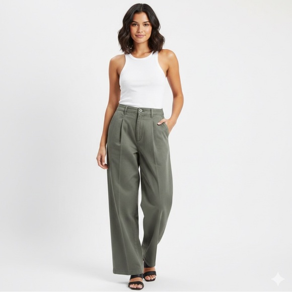 Guess Pants - Guess Classics High-Waisted Pleated Wide Leg Pants - Olive - Size 28